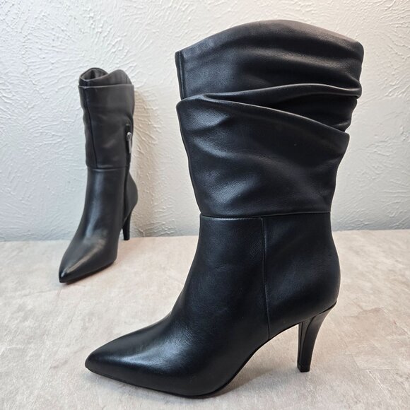 Slouchy Boots Kitten Heel Pointed Toe Leather Black Dressy Sexy Booties Size 5 - Picture 1 of 14